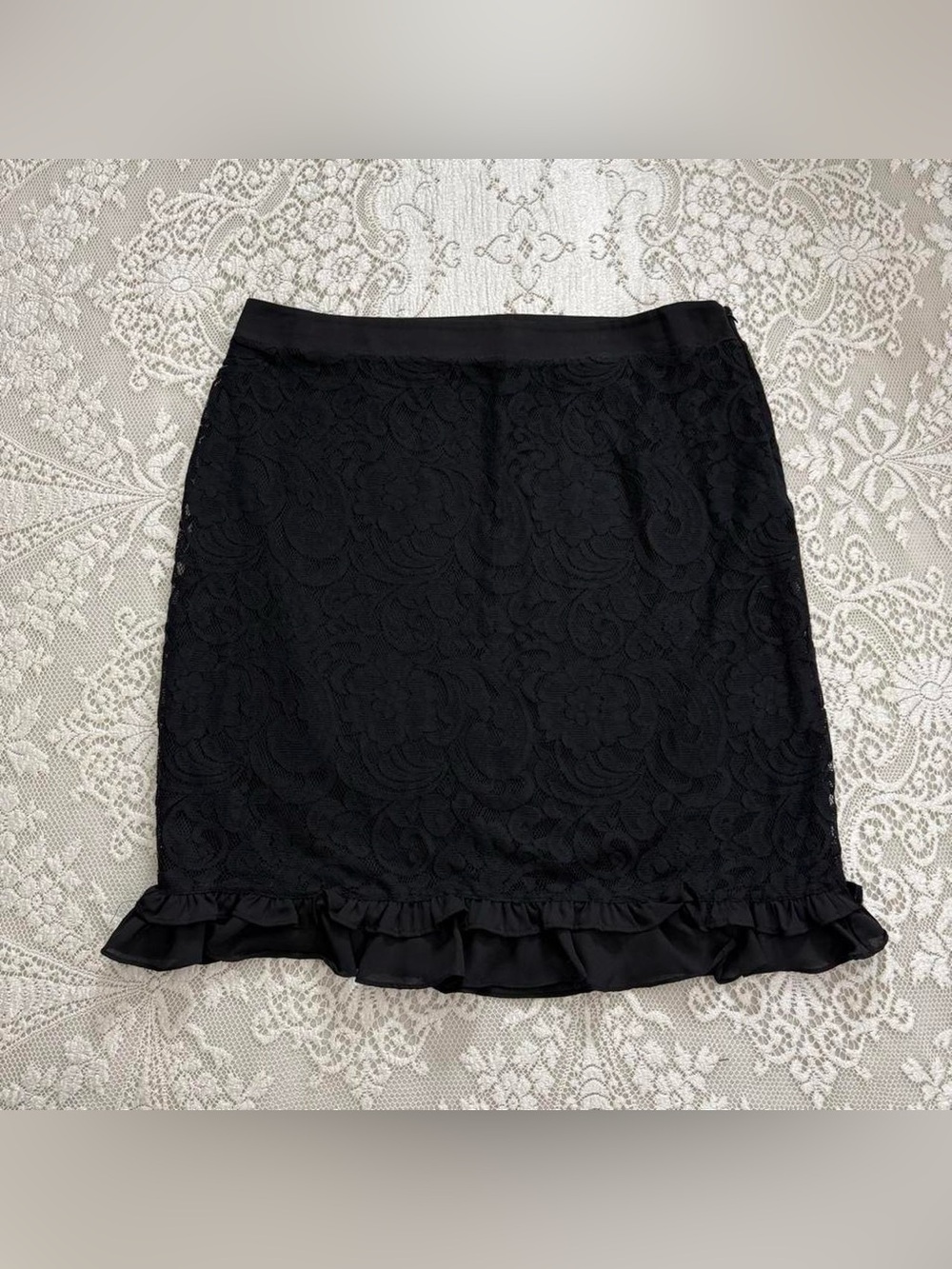 Vampy romantic goth office siren black lace ruffled midi skirt